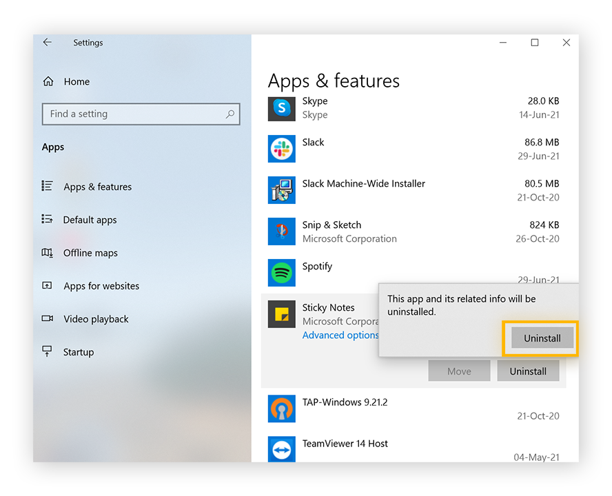 A confirmation window to uninstall an app appears over an app name in a list of applications.