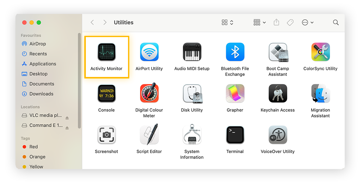 Utilities menu shown with "Activity monitor" app selected.