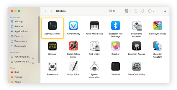  Utilities menu vist med "Activity monitor" app valgt.