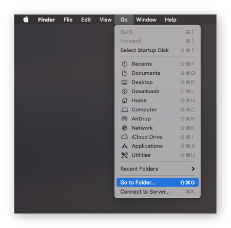  Schermata iniziale del Mac con "Vai" selezionato dalla barra dei menu in alto e "Vai alla cartella" selezionato dal menu a discesa