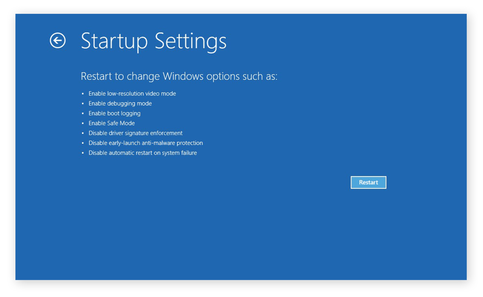 The Startup Settings for troubleshooting problems in Windows 10