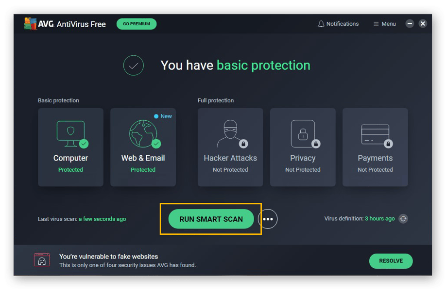 Running a smart scan with AVG AntiVirus FREE for Windows 10