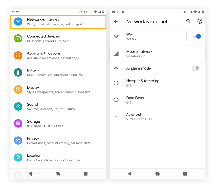 Viewing Settings and Network & internet in Android 11
