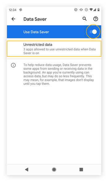 Activation du mode Économiseur de données pour empêcher l’ensemble des applications d’utiliser les données en arrière-plan sous Android.