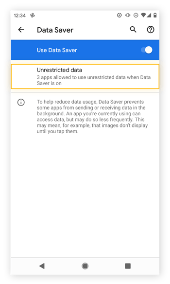  Affichage du mode Économiseur de données sous Android.