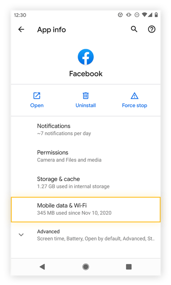 Exibição de informações do aplicativo do Facebook no Android 11