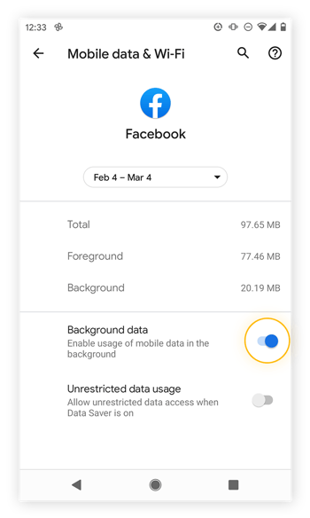 Allowing a particular app to use background data in Android 11