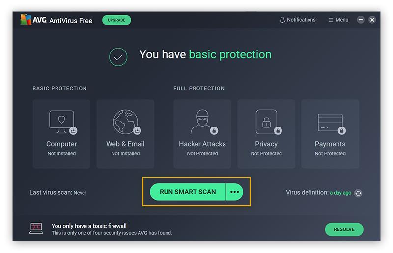The main window for AVG Free Antivirus, with "Run Smart Scan" and the three dots next to it circled.