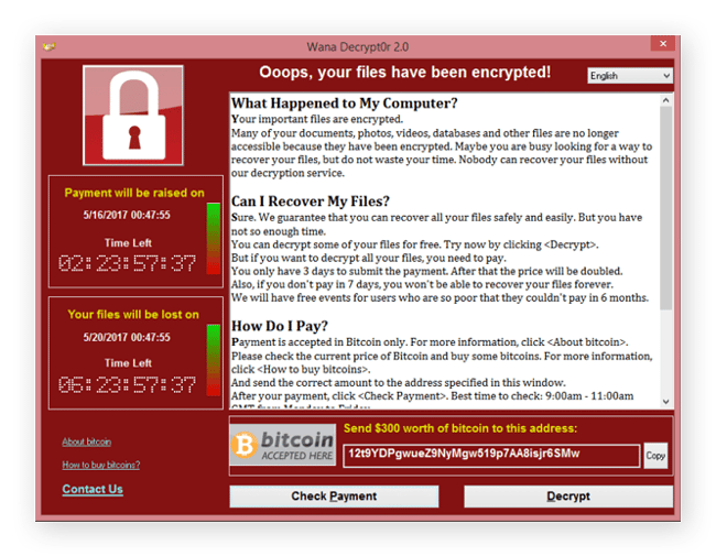 The WannaCry ransomware note on an infected computer.
