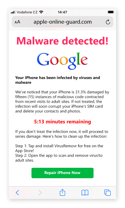 Algunos tipos de scareware intentan imitar fuentes fiables, como Google, para lograr que haga clic o descargue algo.