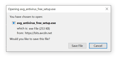 Finestra che richiede di scaricare AVG AntiVirus Free quando visiti il sito Web.