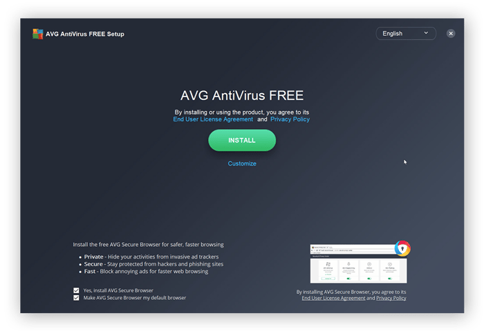 Het hoofdvenster voor het installeren van AVG AntiVirus FREE, met een aantal opties en de omkaderde groene knop Installeren.