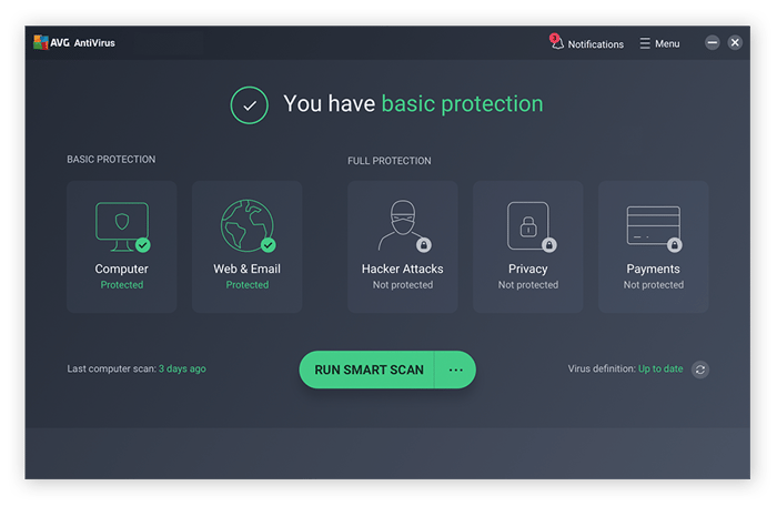 The main window for AVG AntiVirus FREE with the Run Smart Scan button circled.