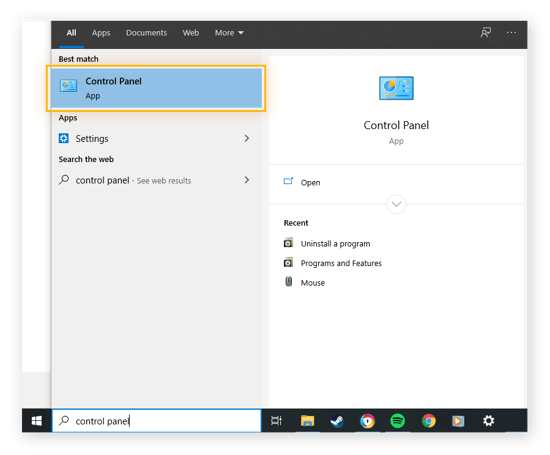 Het Windows Start-menu met de invoer "configuratiescherm" in het zoekvak en de optie Configuratiescherm geselecteerd.
