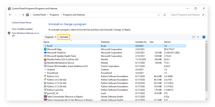 Aperçu de la fenêtre « Désinstaller ou modifier un programme », avec le programme uTorrent surligné et le bouton Désinstaller entouré.