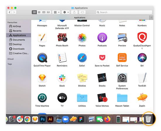 Finestra Applicazioni sul Mac con il Cestino nell'angolo cerchiato.