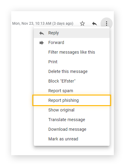 menu suspenso no Gmail em que você pode denunciar phishing