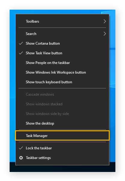 Apertura di Gestione attività dalla barra delle applicazioni in Windows 10