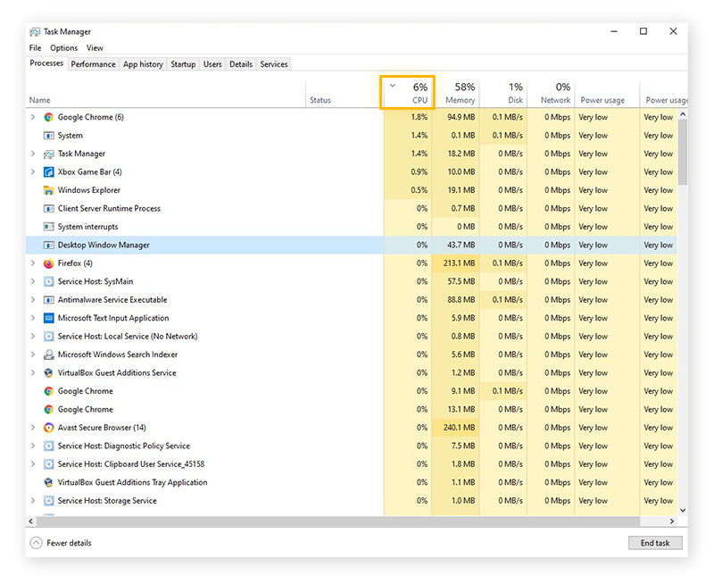 Sorting programs by CPU usage in Task Manager for Windows 10