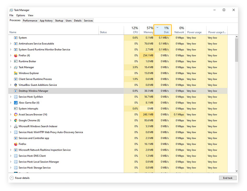 Sorting programs by disk usage in Task Manager for Windows 10