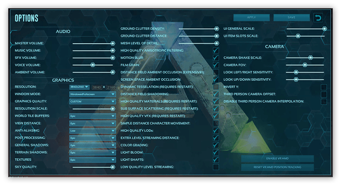 Opzioni delle impostazioni grafiche per Ark: Survival Evolved.