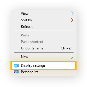 the Windows context menu with "Display settings" highlighted