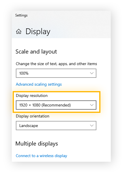 La sección Escala y distribución de Configuración de pantalla, con la resolución de pantalla resaltada