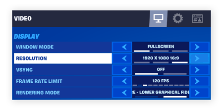 Highlighting "Resolution" in Fornite Display settings.