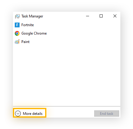Administrador de tareas de Windows comprimido con la opción Más detalles resaltada