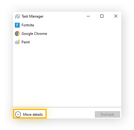 Condensed Windows Task Manager, with "More details" highlighted