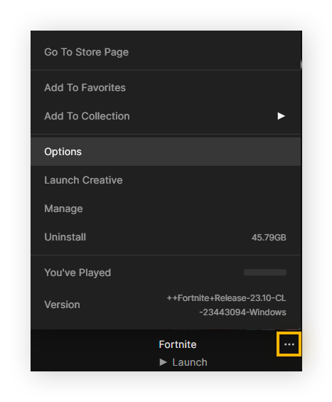 Highlighting the three dots and "Options" for Fortnite in Epic Games Launcher Library