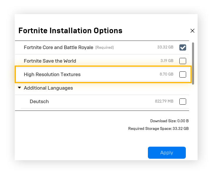 Highlighting the "High Resolution Textures" box in Fortnite Installation Options