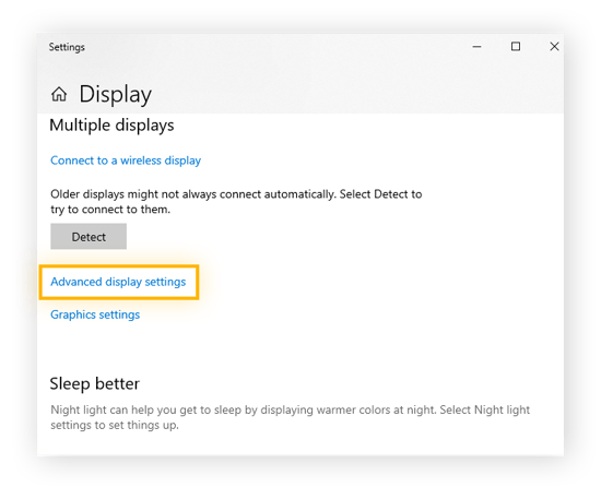 'Geavanceerde beeldscherminstellingen' gemarkeerd in de Windows-beeldscherminstellingen