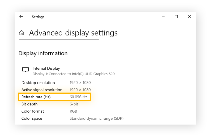 Highlighting the Refresh rate in Advanced display settings