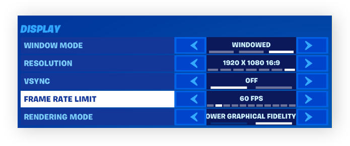Highlighting  "Frame Rate Limit" in Fortnite Display settings