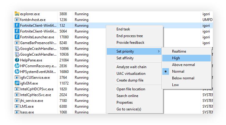 Setting the priority for ForniteClient-Win64-Shipping.exe to "High"