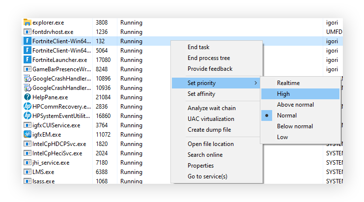 Configuración de la prioridad de ForniteClient-Win64-Shipping.exe en Alta