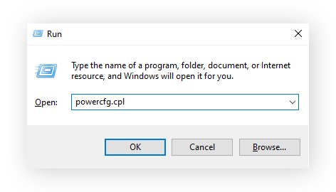 Entering "powercfg.cpl" in the Windows Run window