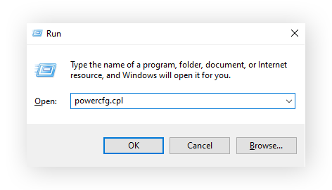 Immissione di "powercfg.cpl" nella finestra Esegui di Windows