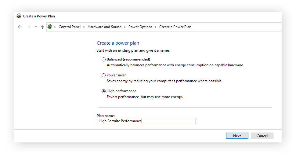 Sélection de l’option Haute performance dans Créer un mode de gestion de l’alimentation et attribution du nom « High Fortnite Performance »