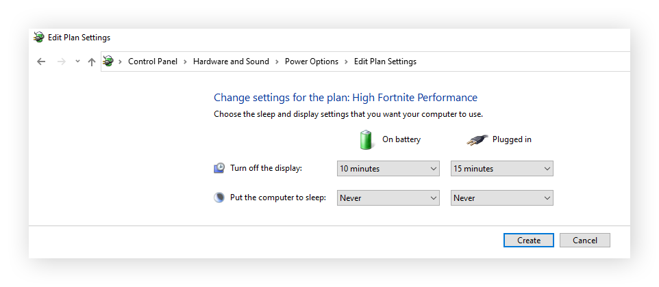 La pantalla Editar configuración del plan para el plan de energía «Alto rendimiento de Fortnite»