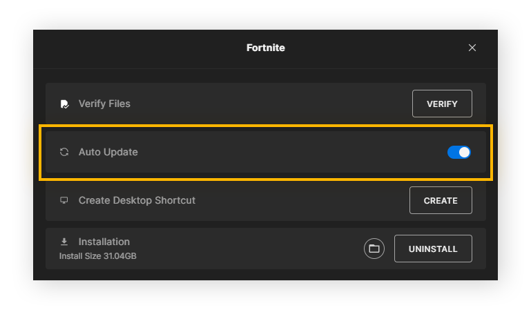 Highlighting the Auto Update toggle in Fortnite management