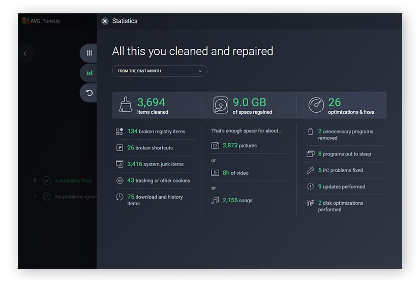 AVG TuneUp showing a summary of junk items and bloatware cleaned.