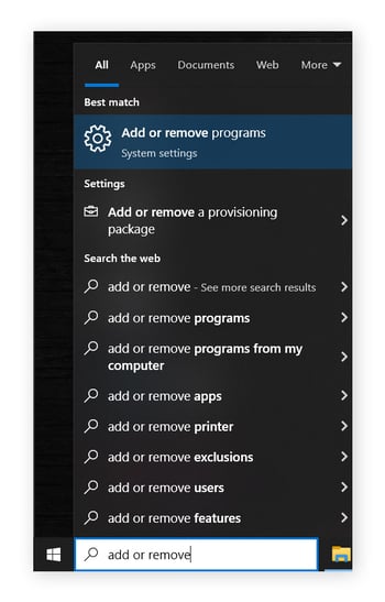 Opening Windows settings for "Add and remove programs" on Windows 10.
