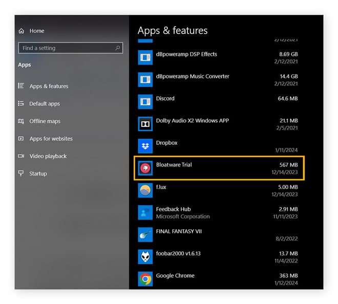 Checking for bloatware in the Apps & features settings on Windows 10.