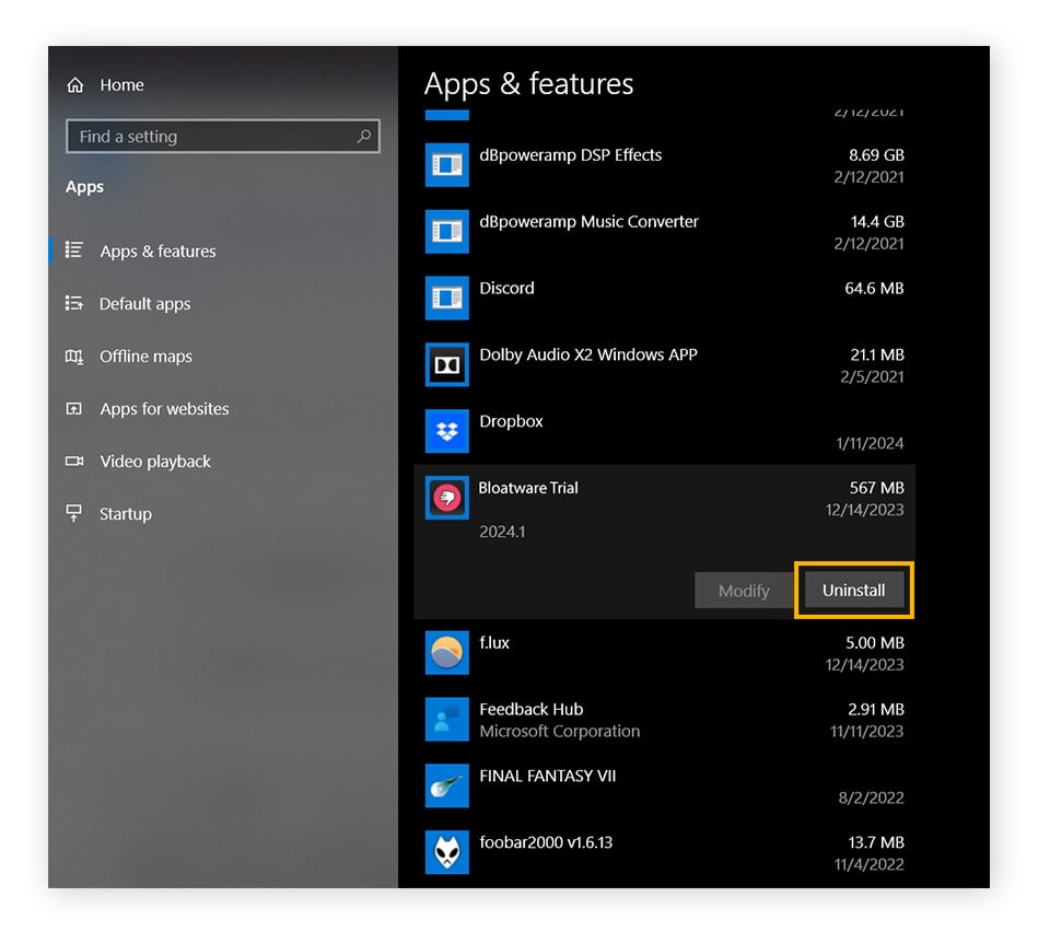 Uninstalling a program from Windows 10 via the Apps & features screen.