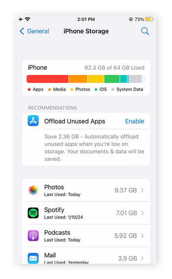 A view of the iPhone Storage settings, which offers to temporarily offload unused apps. It also lists all the apps installed on your phone and allows you to uninstall or offload them individually.
