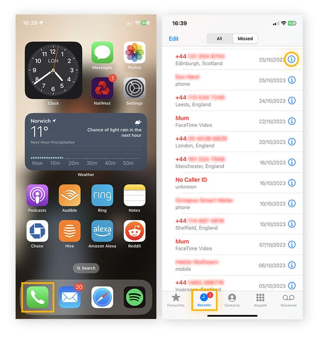 How to stop spam calls on iPhone by opening the phone app, going to recents, and tapping the info icon next to the number.