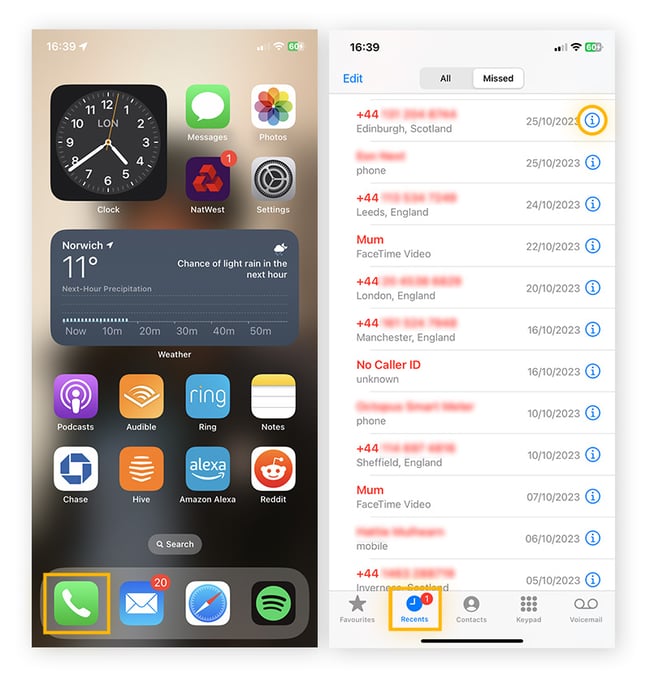 Como impedir chamadas de spam no iPhone abrindo o aplicativo de telefone, acessando Recentes e tocando no ícone de informações ao lado do número.