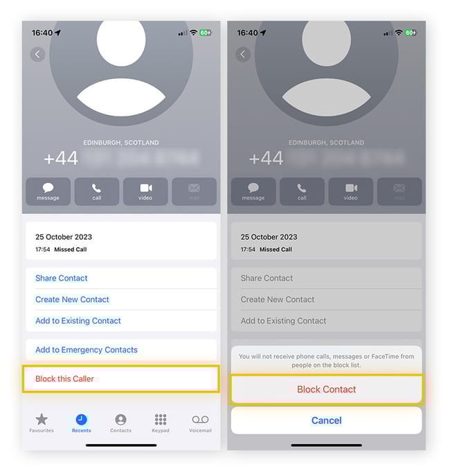 To block spam calls on iPhones, tap Block this Caller, then Block Contact.